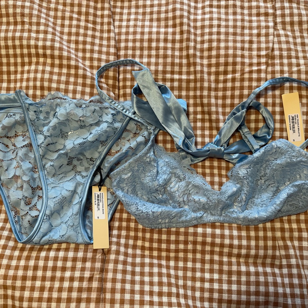 Cosabella light blue lace silk tie bralette and panty set size small NWT